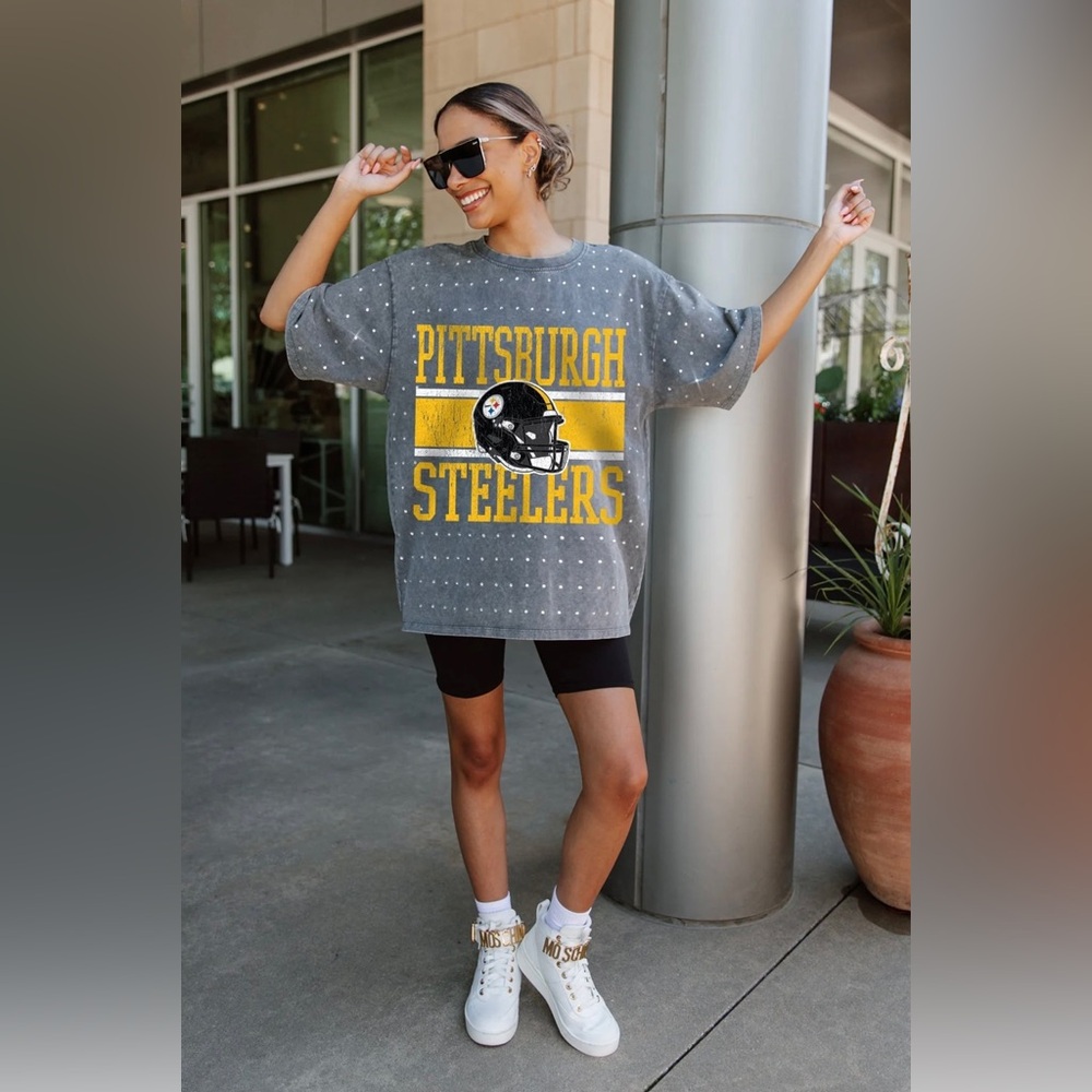 Pittsburgh Steelers Gameday Couture Gray Oversized Mini Rhinestone NFL Shirt XL